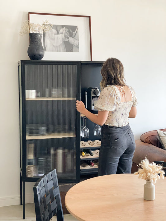 Reeded Glass, Metal and Oak Drinks Cabinet