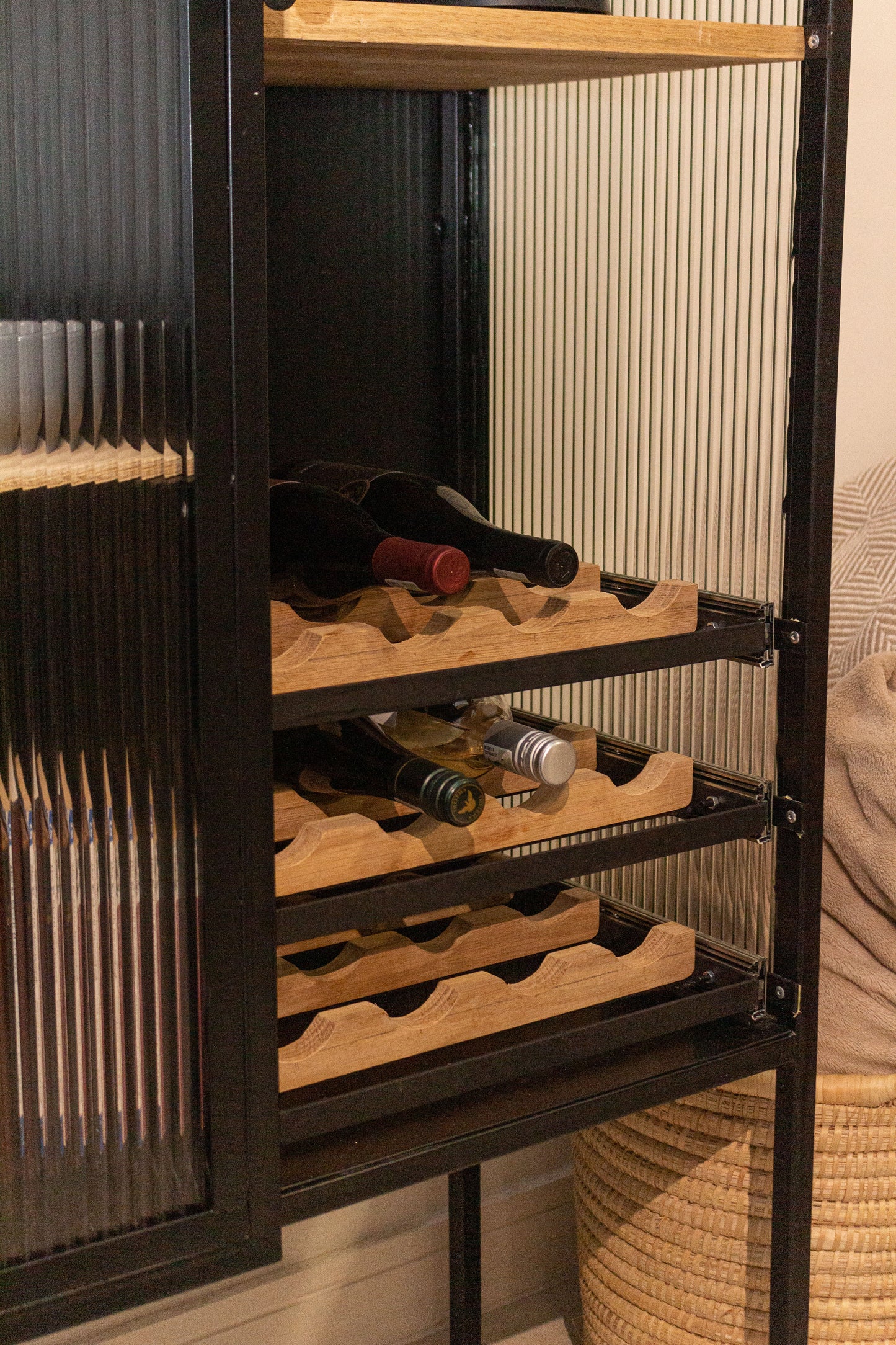 Reeded Glass, Metal and Oak Drinks Cabinet